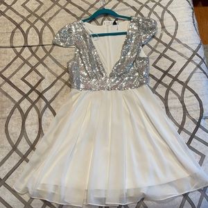 Windsor Silver Sequin NYE Dress with white sheer skirt and white underskirt